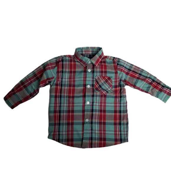 Buttons and Thread Boys Plaid Button Up Shirt Size 18M Red Green Cotton Preppy - Picture 1 of 8